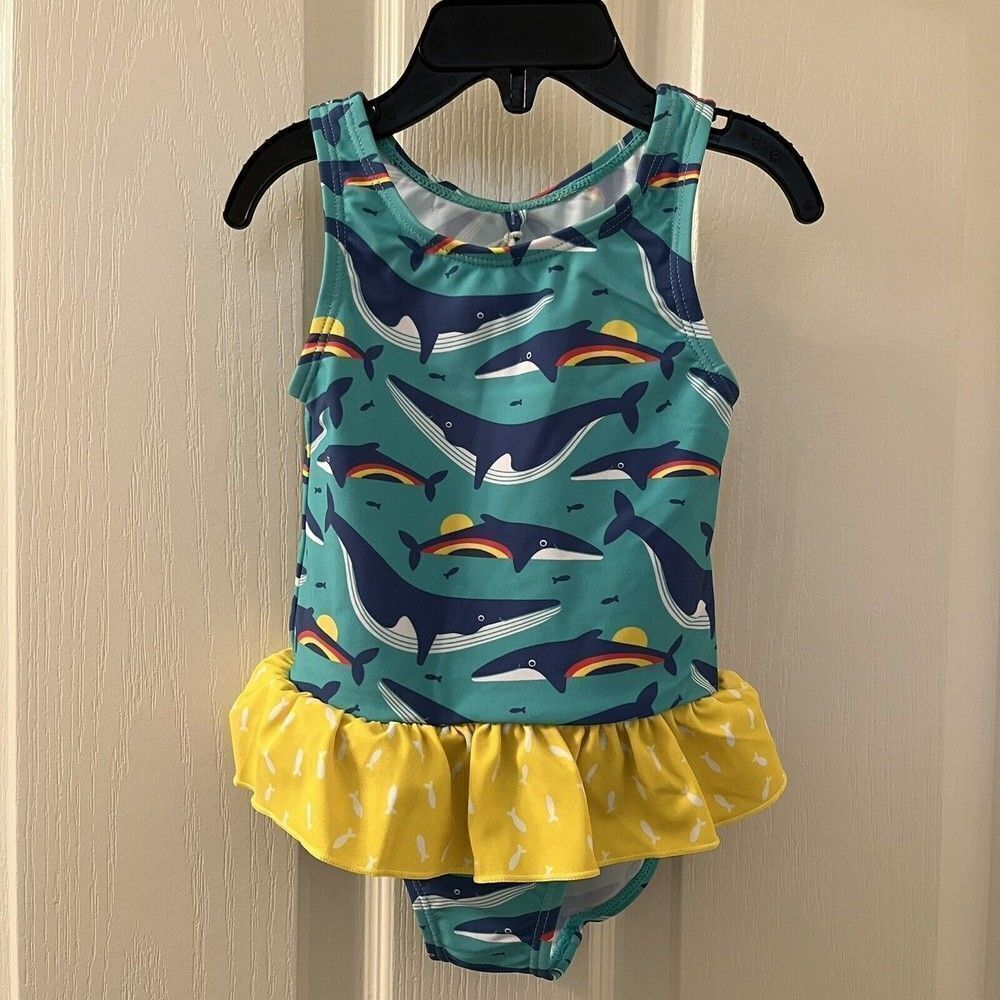 Frugi Rainbow Whales Little Coral Swimsuit One Piece UPF 50+ Girls 6-12 Mos NWT